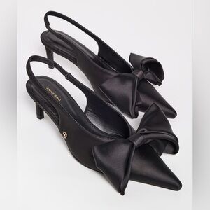 Anine Bing Nina Heels with Bow 36/6 Black Satin Leather Sling Back Pointed Toe